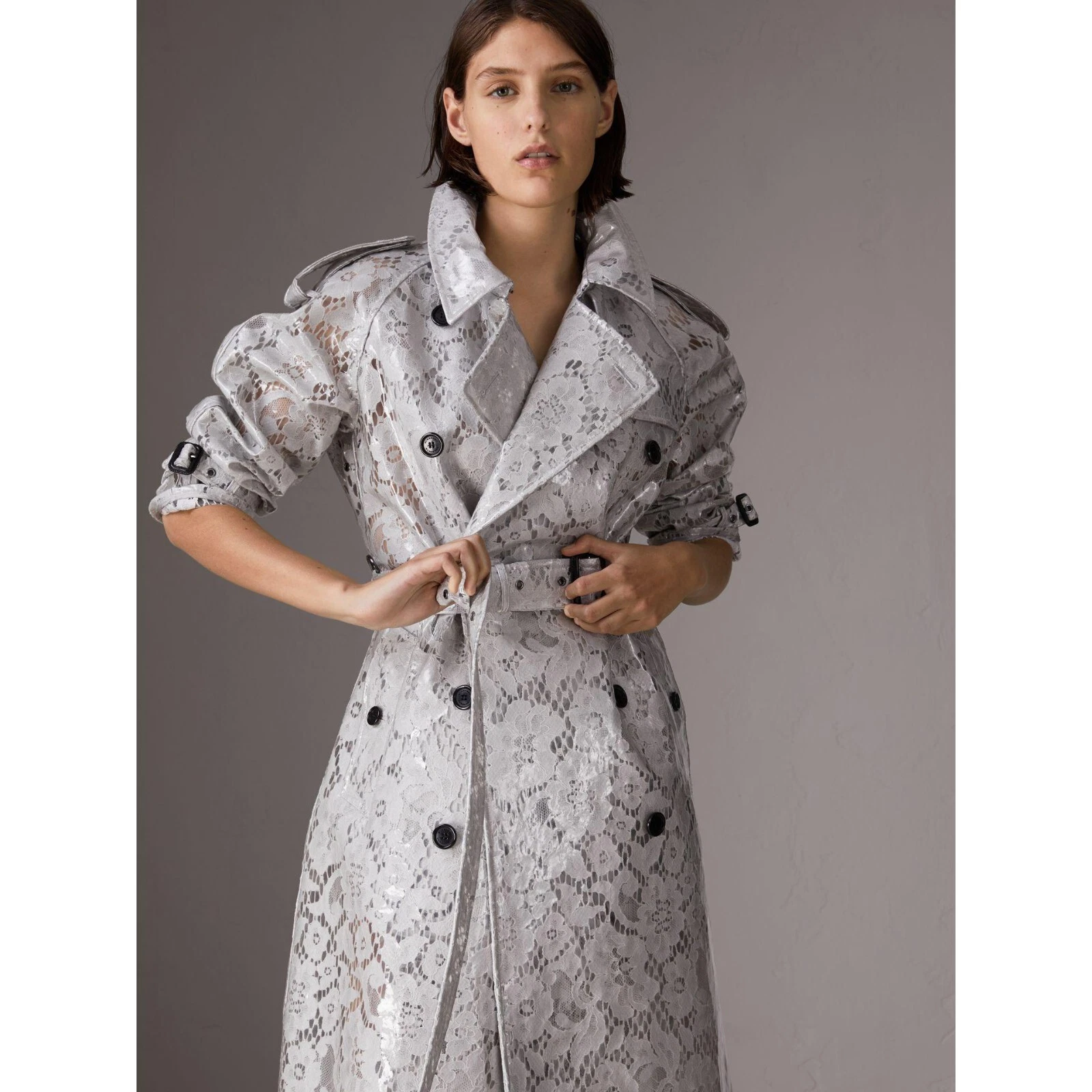Autentico nuovo trincea in pizzo laminato Burberry donna grigio EASTHEATH 2 US S