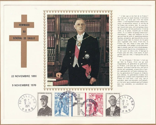FRANCE 1971 FIRST DAY COVER, OVERSIZED PRESENTATION CARD CHARLES DE GAULLE DEATH