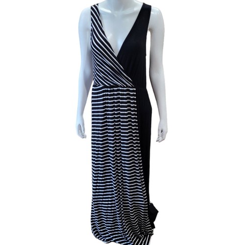 IMPRESSIONS Graphic Maxi Dress Medium Black White Stripes Sleeveless V-Neck