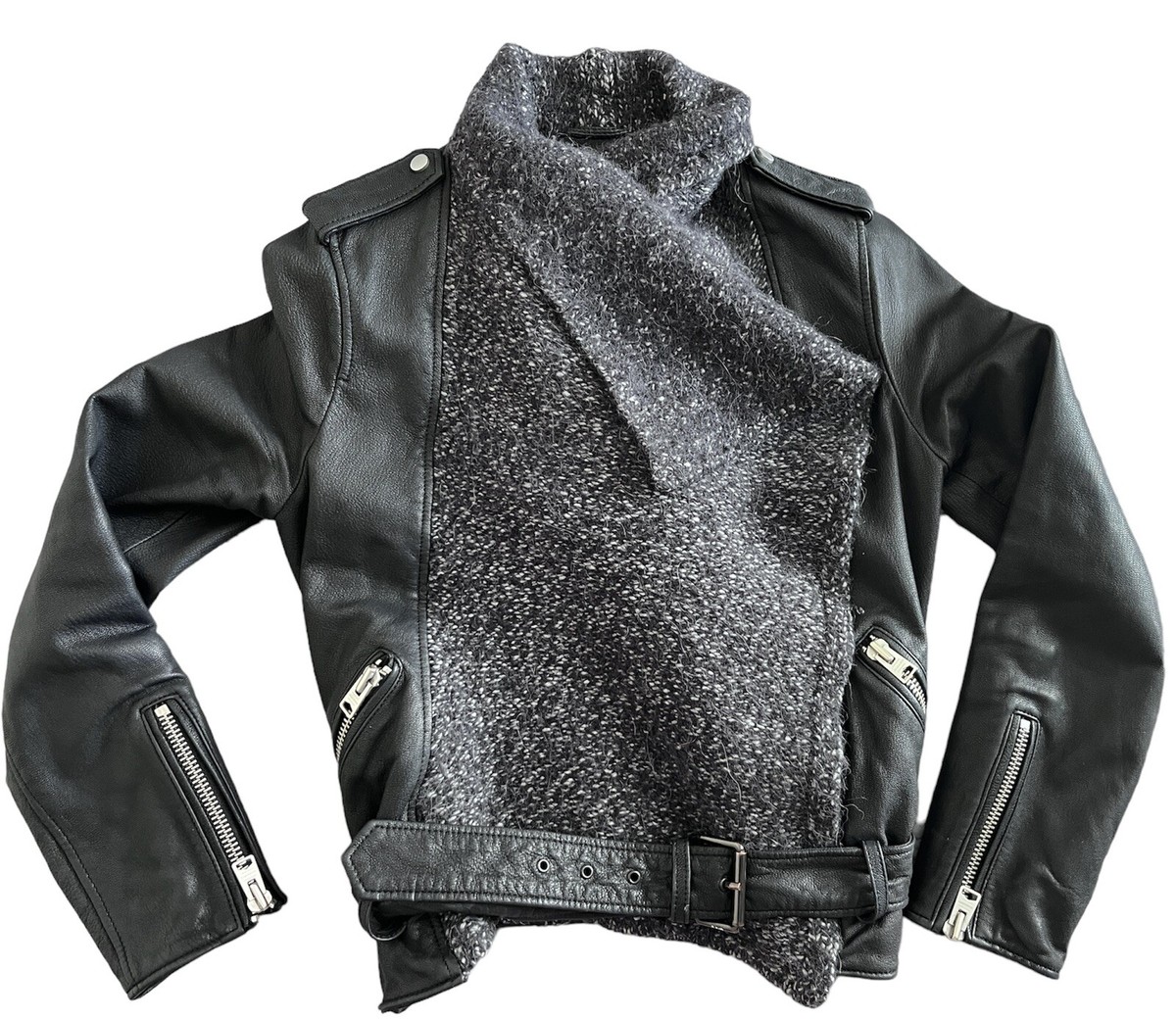 AllSaints Wrap Knit Wool Front Leather Biker Jacket Black/Grey UK8 