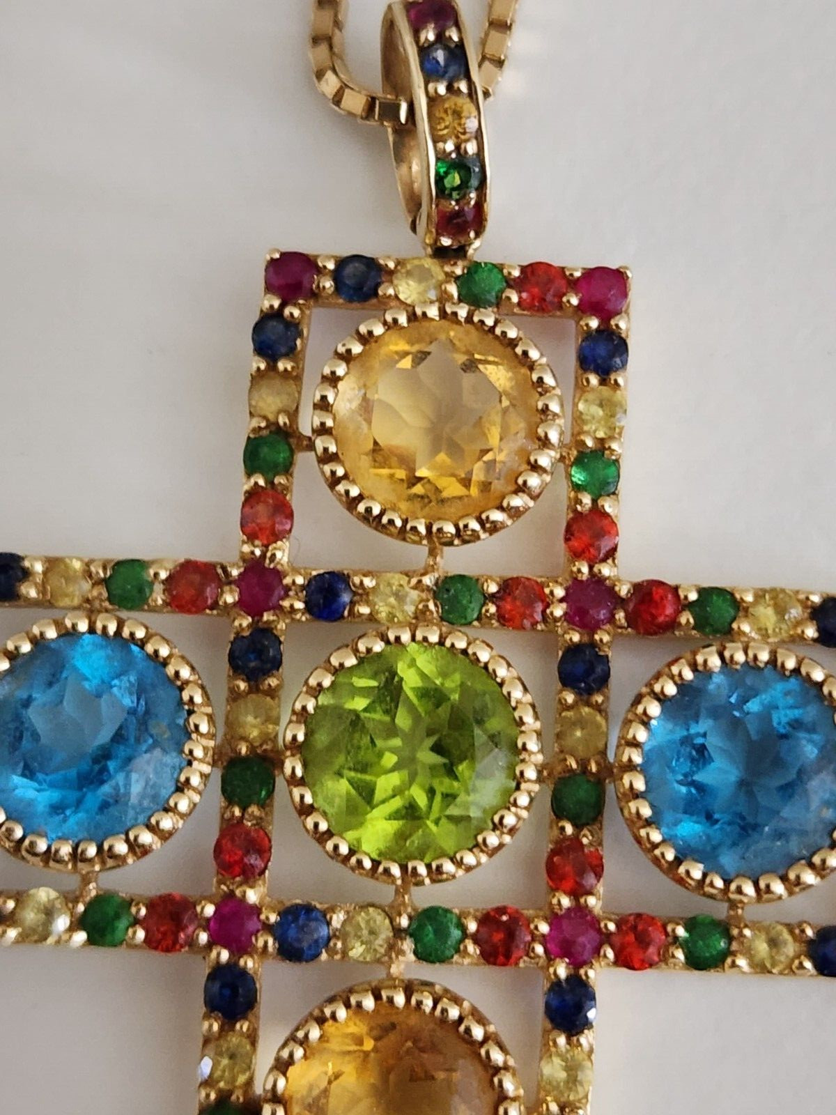 14K Solid Gold Multi-Colored Gemstone Cross Penda… - image 5