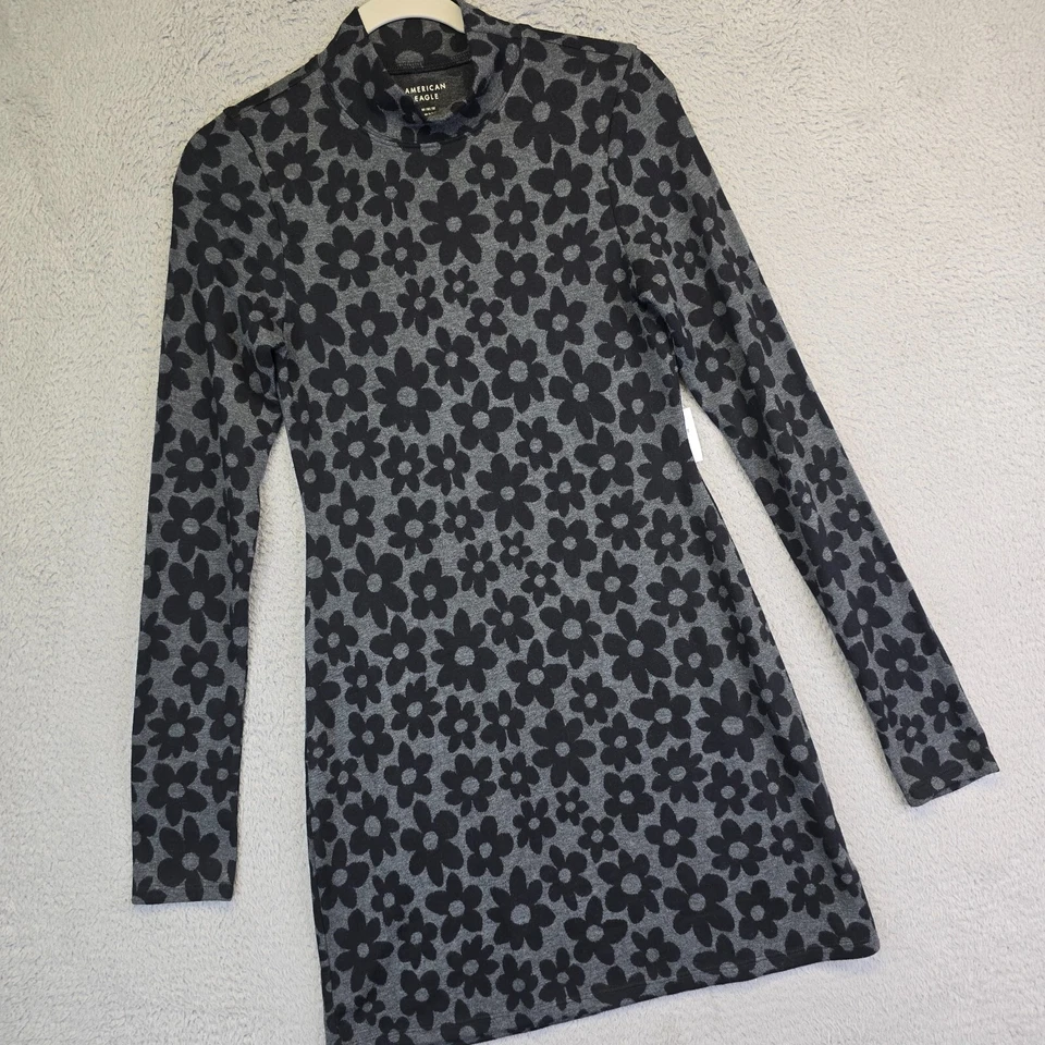 American Eagle Dress Women M Gray Mock Neck Floral Disco 70s Indie Bodycon Party - Image 2 of 4