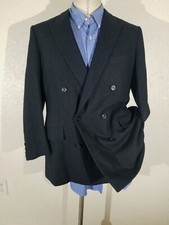 40R Full-canvas Double Breasted Black herringbone Tweed Sport Coat Jacket Blazer