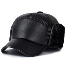 Men PU Leather Fleece Lined Baseball Cap Warm Ear Flap Hat Winter Thick Outdoor