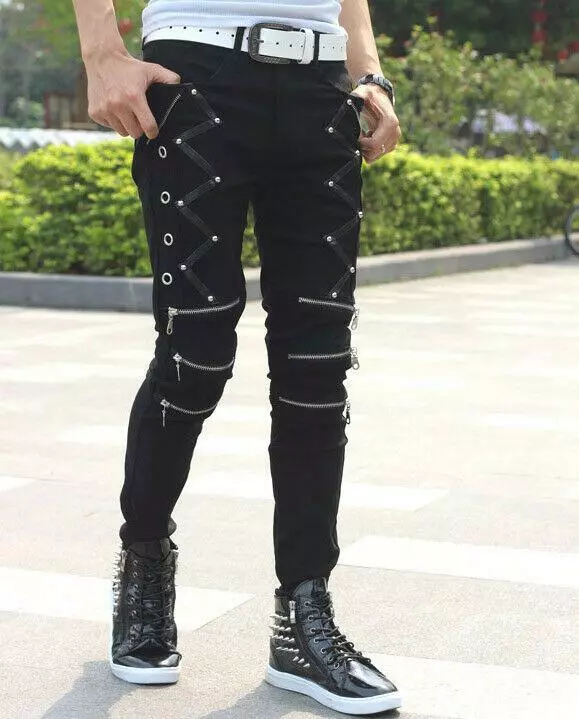 Gothic Mens Punk Black Zipper Cool Pants Slim Fit Skinny Trousers