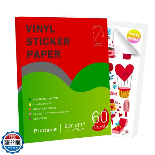 Premium Printable Vinyl Sticker Paper for Inkjet Printer - 60 Sheets Matte Wh - 第 1/5 張圖片
