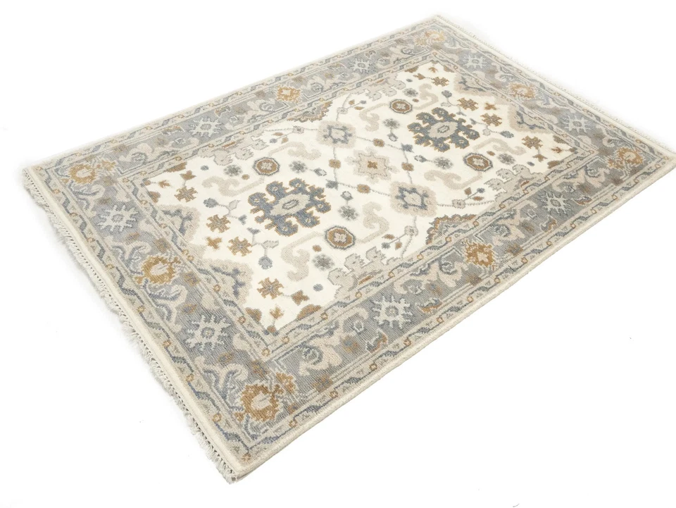 4X6 Hand-Knotted Cream Oushak Chobi Oriental Rug Floral Carpet Home Décor - Image 4 of 4