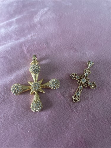 2 Gold Tone & Crystal Crosses Costume Jewellery Pendants