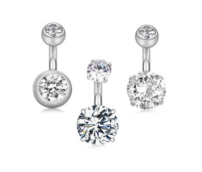 14G 1/4''(6mm) Short Bar Surgical Steel Belly Button Rings Round Cubic Zirconi...