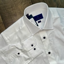 David Donahue Trim Fit White Dress Shirt - Size: 15.5 x 34/35 - Blue Buttons