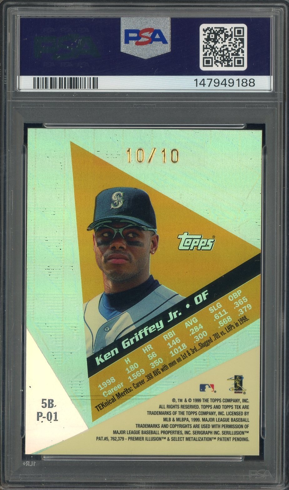 1999 Topps Tek Pattern 1 Gold #5B Ken Griffey Jr Mariners HOF 10/10 PSA 9 MINT view 2