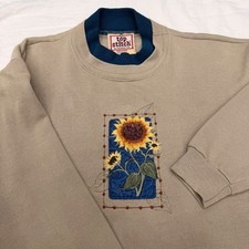 Grannycore Vintage Petite Sunflower Embroidered Sweatshirt Tan Blue Mock Neck