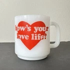 Vintage Glasbake Heart Milk Glass Coffee Mug " Hows Your Love Life"