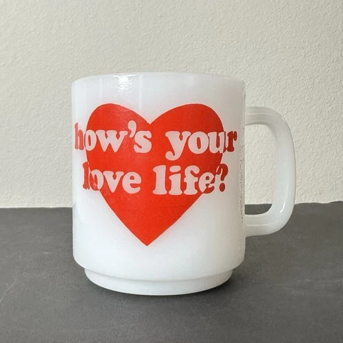 Vintage Glasbake Heart Milk Glass Coffee Mug " Hows Your Love Life"