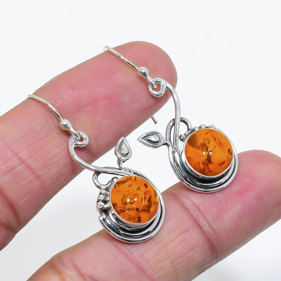 Venta de Navidad AMBAR Piedras Preciosas Plata Esterlina Bisel Gota Gancho Pendientes Joyería Foto 4 de 4