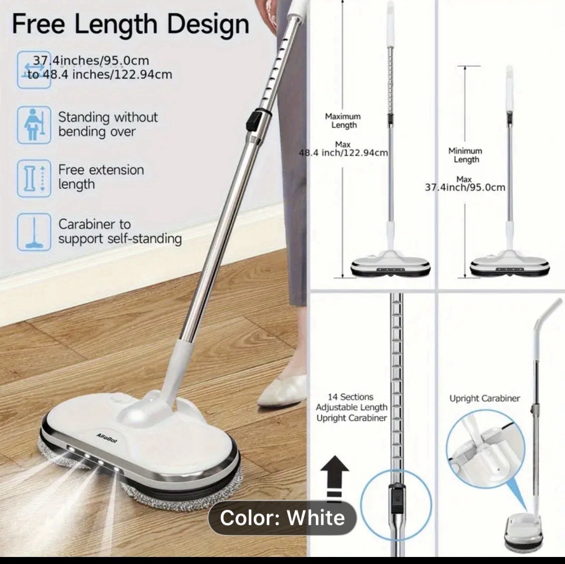 Cordless Electric Mop, Electric Spin Mop, Floor Cleaner with LED Headlight