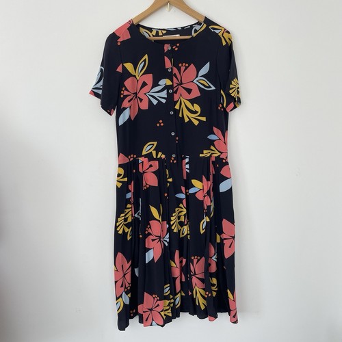 Chinti & Parker Shirt Dress Midi Sz 10 Dark Blue 100% Silk Floral Pockets