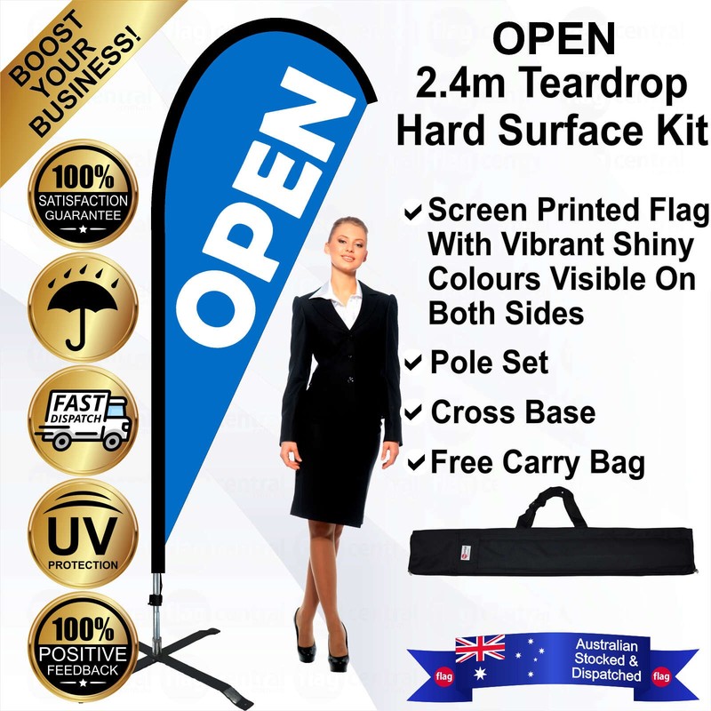 K - OPEN Blue 2.4m Teardrop Flag / Banner Kit with Pole Set, Steel Outdoor Cross Base and a Free Carry Bag - 1