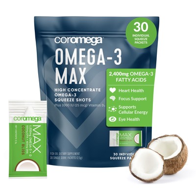 MAX 2400mg Omega-3 Fish Oil + Vitamin D Squeeze Packets, Wild-Caught, No Fish...