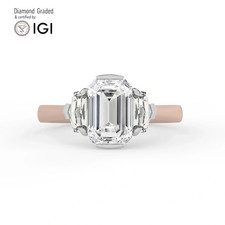 Emerald Solitaire Labgrown Diamond Trilogy Ring 14k Rose Gold 2.60 Ct