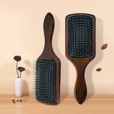 Natural Wooden Paddle Hair Brush Metal Bristles Air Cushion Scalp Massage Detang