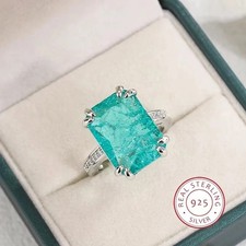 925 Sterling Silver Blue Green Moissanite Open Ring Women Jewelry
