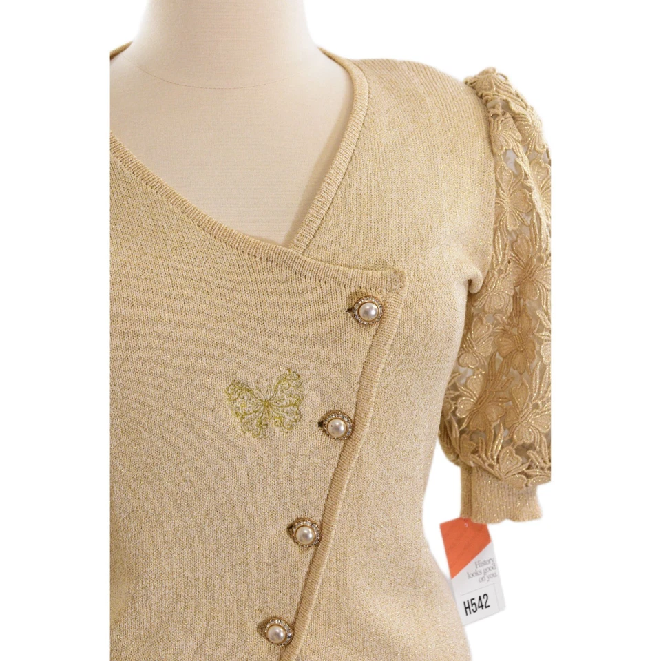 Conjunto de falda tejida de lana vintage años 80 para mujer L dorado metálico tejido encaje vacaciones Navidad Foto 3 de 4