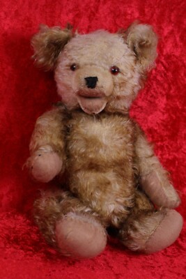 Clemens Teddybär 35 cm Mohair Holzwolle Gelenk Beigebraun geflammt Vintage