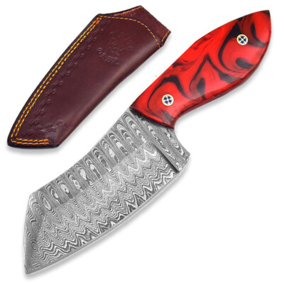 WHITE DEER Mini Japanese Meat Cleaver with Red Marble Resin Handle 1095 Forged S