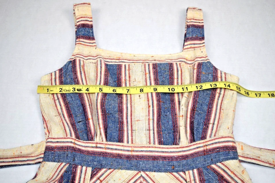 Vestido Vintage Talla S/M Años 70 Azul Rosa Marfil Mancha Lino Lona Botón Espalda Cinturón Foto 4 de 4
