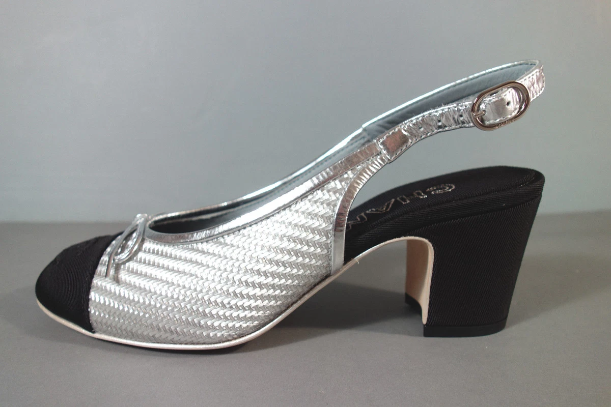 CHANEL 36/5.5 Black Silver Grosgrain Cap Toe Slingbacks Pumps Med Heels  CC NEW