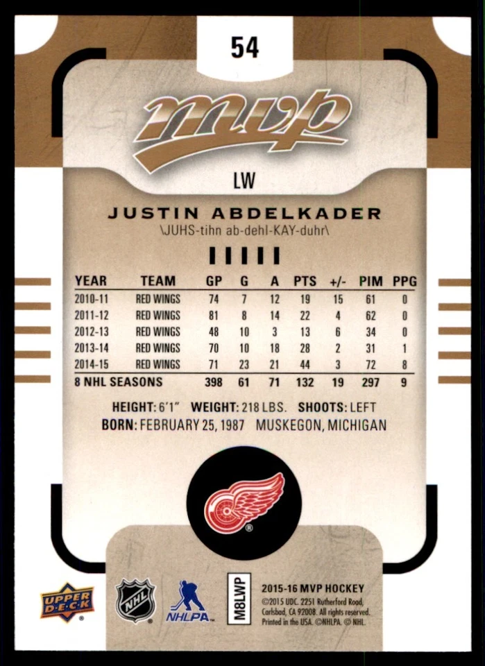 2015-16 Upper Deck MVP Justin Abdelkader Detroit Red Wings #54 - Image 2 of 2
