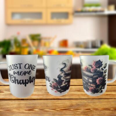 One More Chapter Gothic Themed Handmade Designed Frosted Mugs.