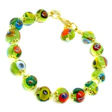 Murano Glasarmband Gr&uuml;n Mehrfarbig Gold Millefiori Venedig 15 Perlen
