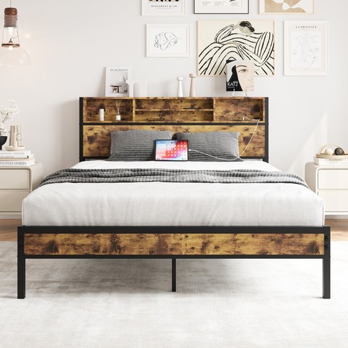 Queen Bed Frame with Storage, Charging Station & Bookcase, Metal Platform