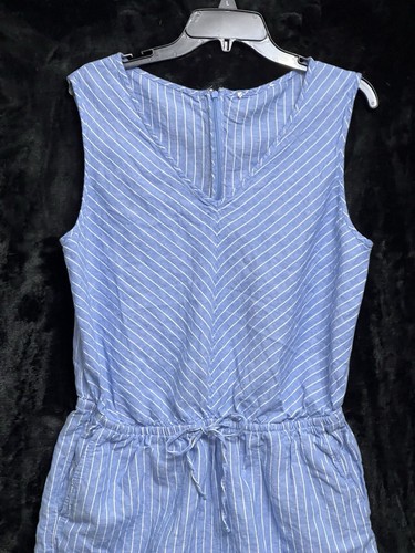 Unbranded Womens Light Blue Romper W/White Vertical Strips SzXLg Gather TieWaist - Picture 2 of 8