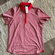 Women's Under Armour Polo Clubhouse Loose Fit Red/Gray Striped Top 1270480 NEW