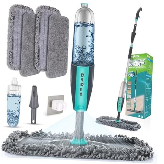 Microfiber Spray Mop for Floors with 4 Lake Blue Pads and Reusable Mop Head