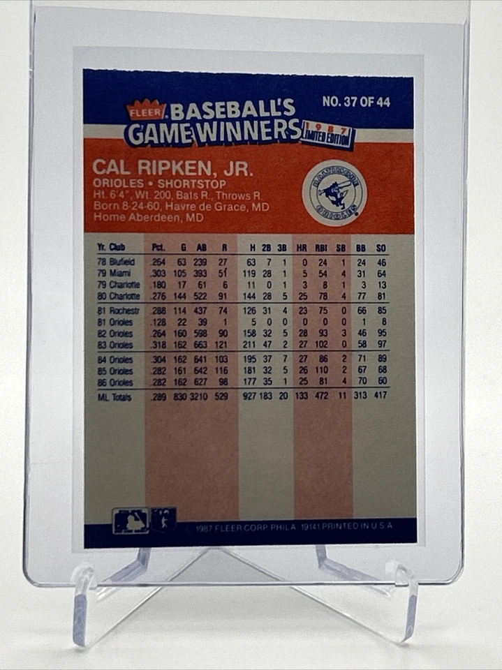 1987 Fleer Baseball's Game Winners Cal Ripken, Jr. #37 Mint FREE SHIPPING - Image 2 of 3