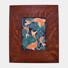 Motawi Tileworks Koi Pond Art Pottery Orange Fish Oak Framed Tile