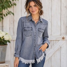 Risen Washed Distressed Grey Denim Jean Jacket Women Large Frayed Hem Button Up