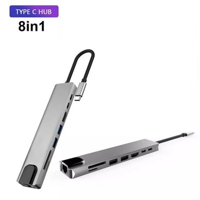 USB-C Hub 8-IN-1 Adapter 4K HDMI USB 3.0 LAN RJ45 Ethernet Micro SD Kartenleser