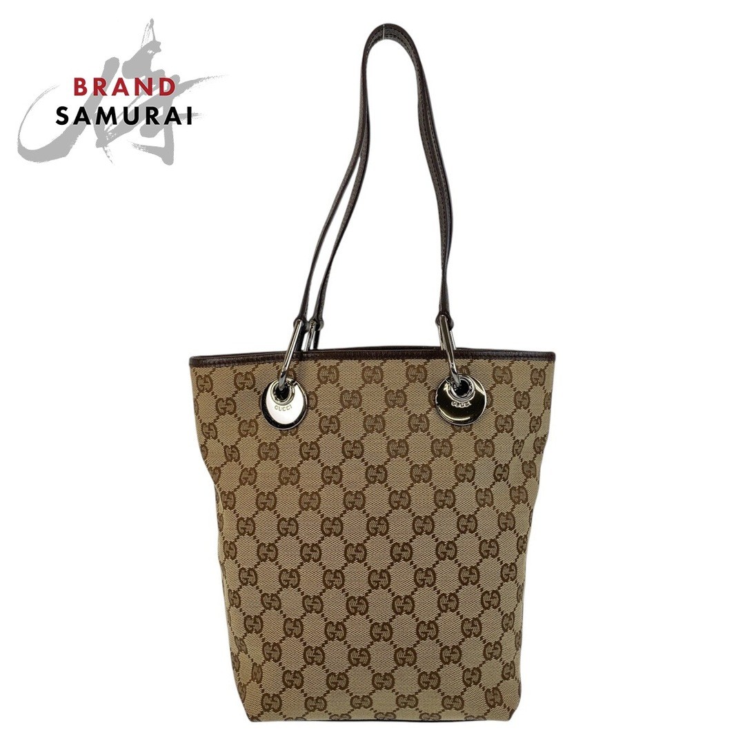 GUCCI GG Canvas Leather Tote Bag in Beige Brown with Silver Hardware