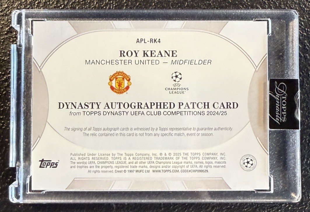 ROY KEANE 2024-25 TOPPS DYNASTY UCC #APL-RK4 MATCH-WORN PATCH AUTO 6/10 view 2