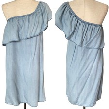 BB DAKOTA One Shoulder Dress Tencel Chambray Blue Medium Ruffle LIGHT STAIN