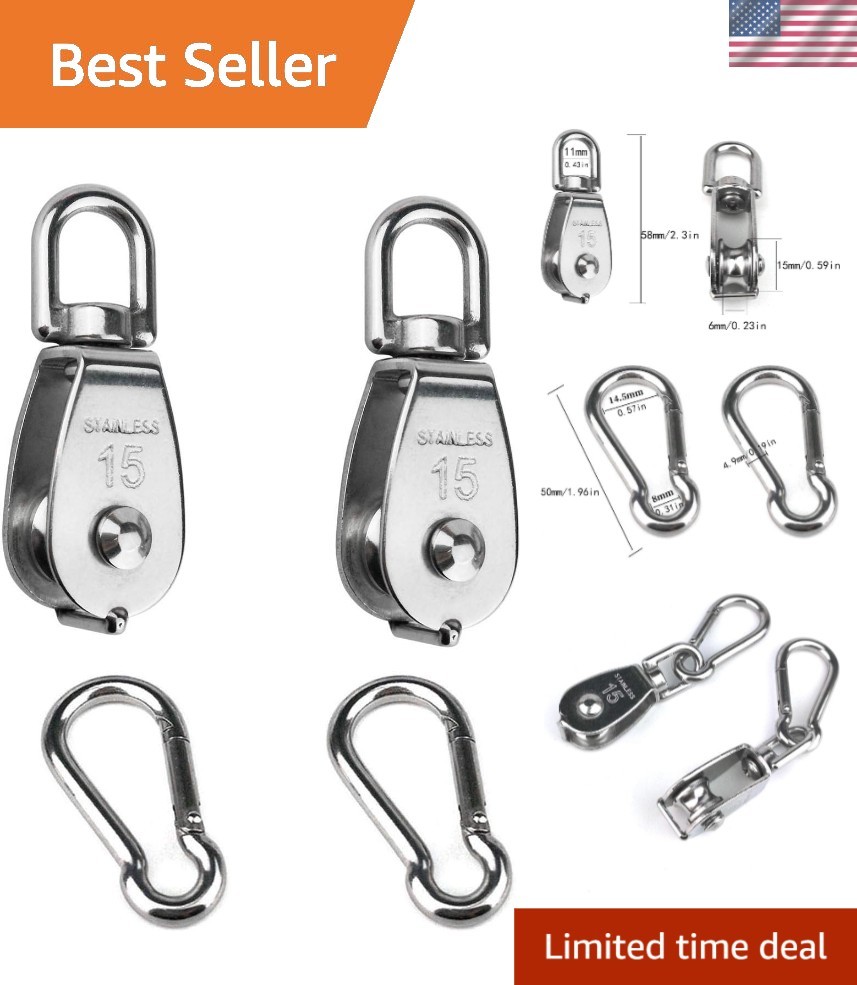 Heavy-Duty 2PCS Stainless Steel Wire Rope Pulleys with Snap Hooks, M15 Size
