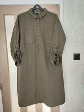 Tu women Midi Shirt Dress 20 Casual Khaki Green 3/4 Sleeve Cotton Summer Denim