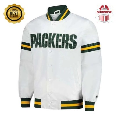 Men's GB Packers White Satin Jacket Letterman Bomber Baseball Varsity Jacket