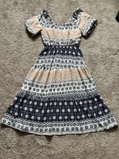 Dex Floral Midi Dress Multicolor Navy Pink Puff Sleeve Smocked Ruffle M