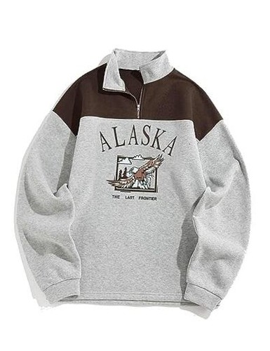 Men's Letters Embroidered Raglan Sleeve Quarter Zip Large Alaska-deep Coffee